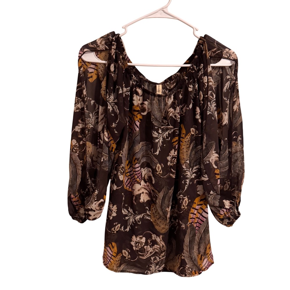 Tyche Womens Small Brown Tropical Baroque Print Split Sleeve Boho Chiffon Blouse